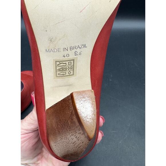 ALDO Red Leather Peep Toe‎ Heels Women’s Size 40 (US 9.5-10) Wood Cone Heel - Picture 10 of 13